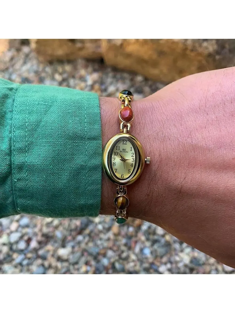 Y2k style Gold style tone quartz watch with glass multicolored jade stone opal